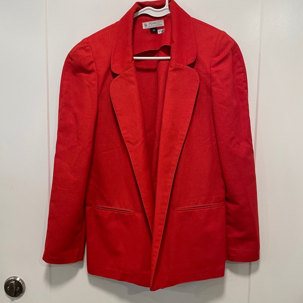 Vintage Peabody Red Blazer Jacket Womens 7/8 Linen Blend Open Front Made Romania